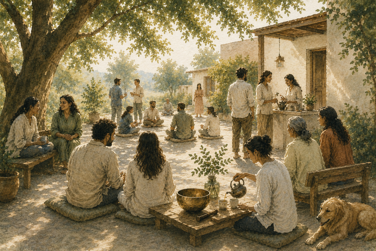 A watercolour painting of a group gathered outdoors under a tree for a communal sound meditation, with a singing bowl and tea being served