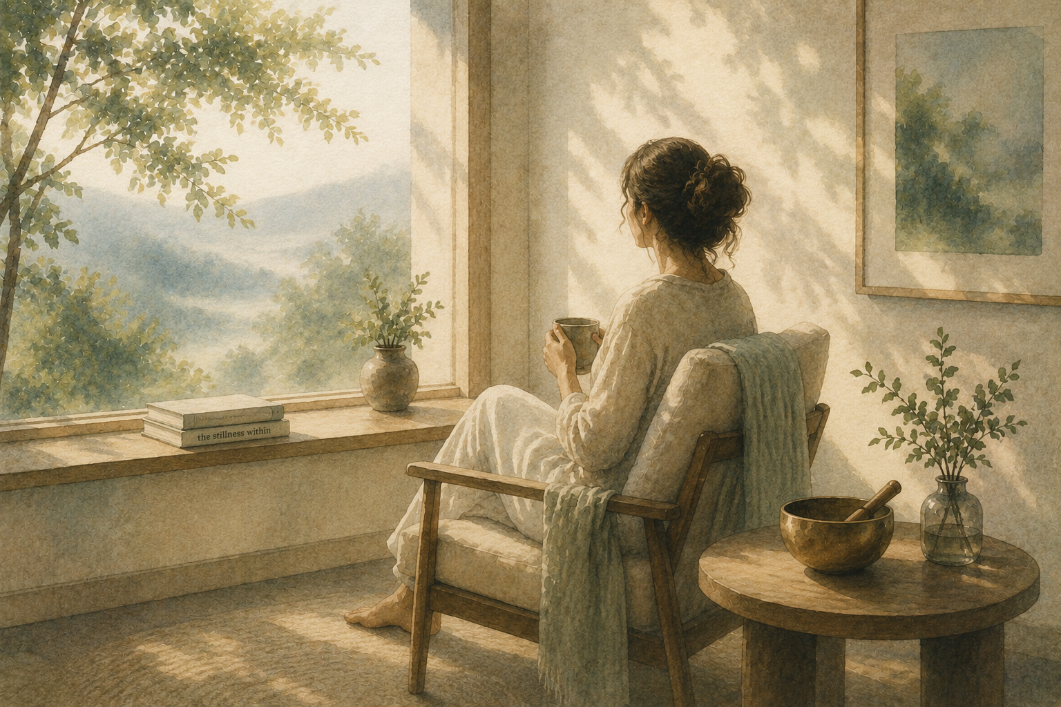A watercolour painting of a woman relaxing in a chair by a window with a singing bowl, looking out at hills