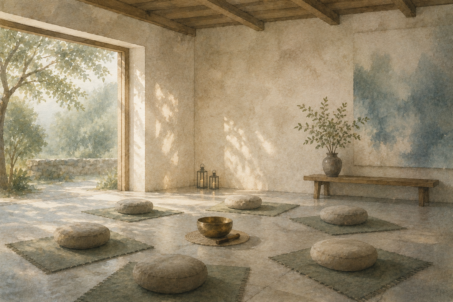 A watercolour painting of a calm meditation room with floor cushions, a singing bowl and an open doorway to greenery