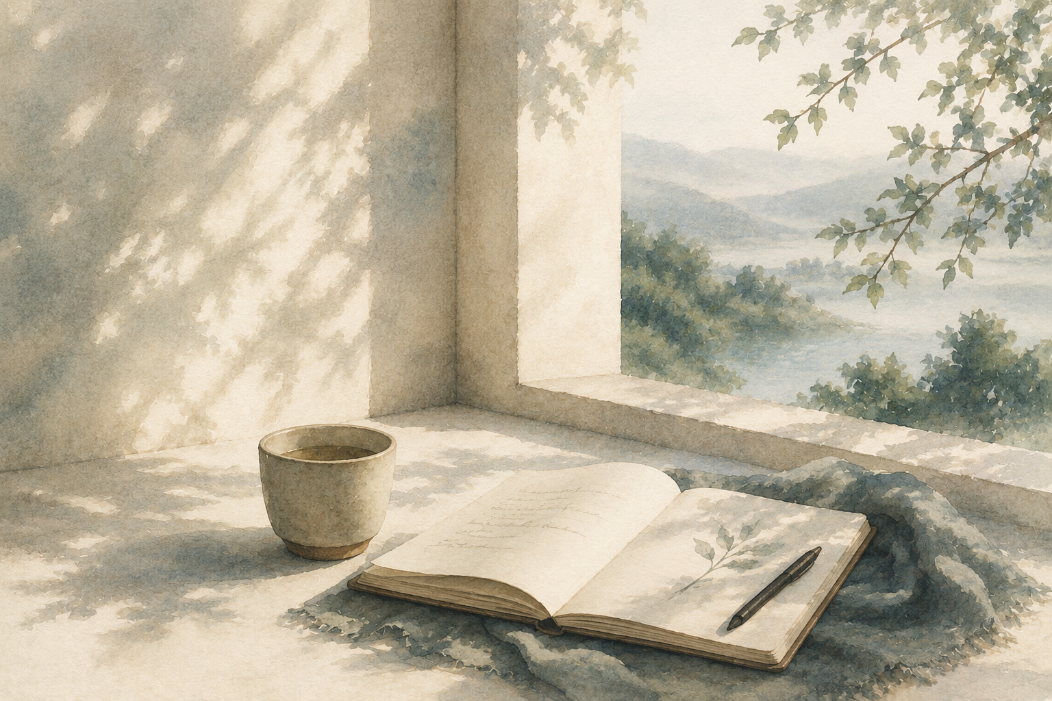 A watercolour painting of an open journal, teacup and pen by a window overlooking hills and a river
